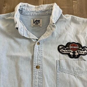 Lee Sport Vintage Button Down Denim Harley-Davidson Men XL Light Wash Distressed